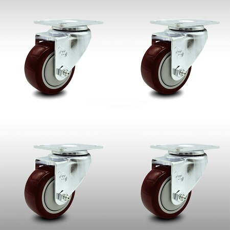 Service Caster 3.5 Inch SS Maroon Polyurethane Wheel Swivel Top Plate Caster Set SCC-SS20S3514-PPUB-MRN-4